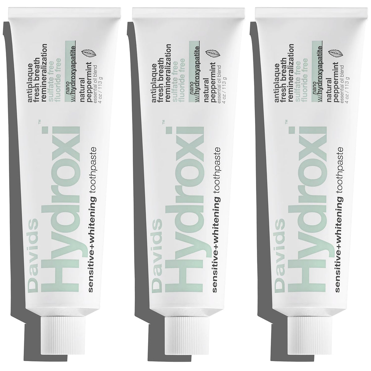 Davids Hydroxi toothpaste tube front highlights fluoride free formula for gentle whitening