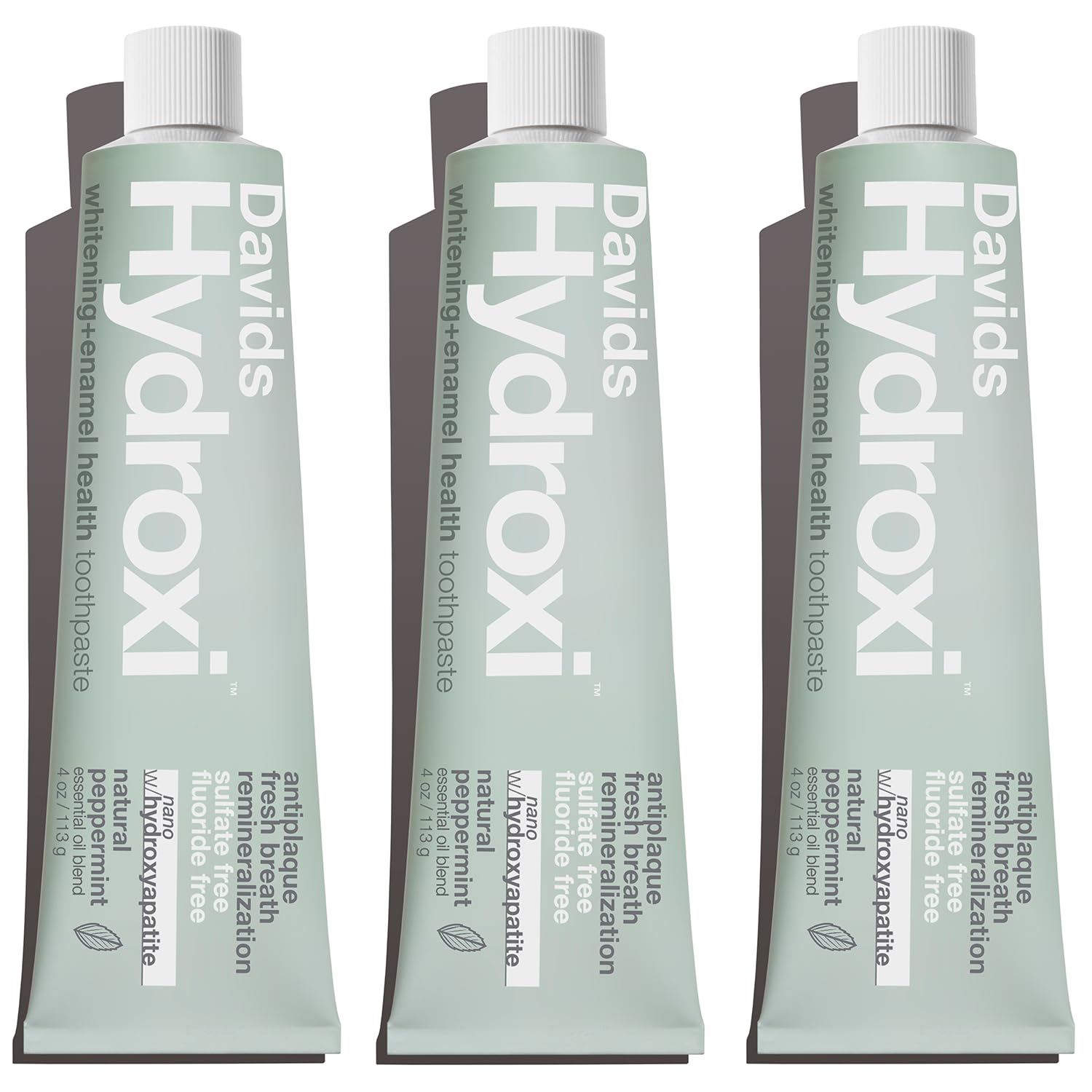 Davids Hydroxi toothpaste tube front display, branding and packaging for daily whitening