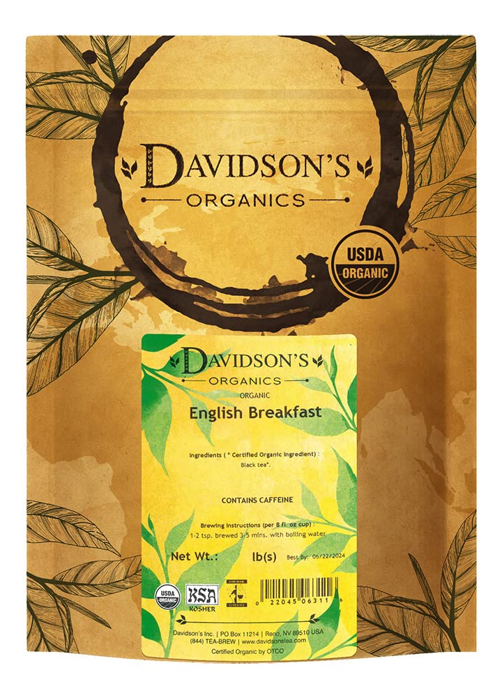 Davidson's Organics English Breakfast loose leaf tea ready for infusion.