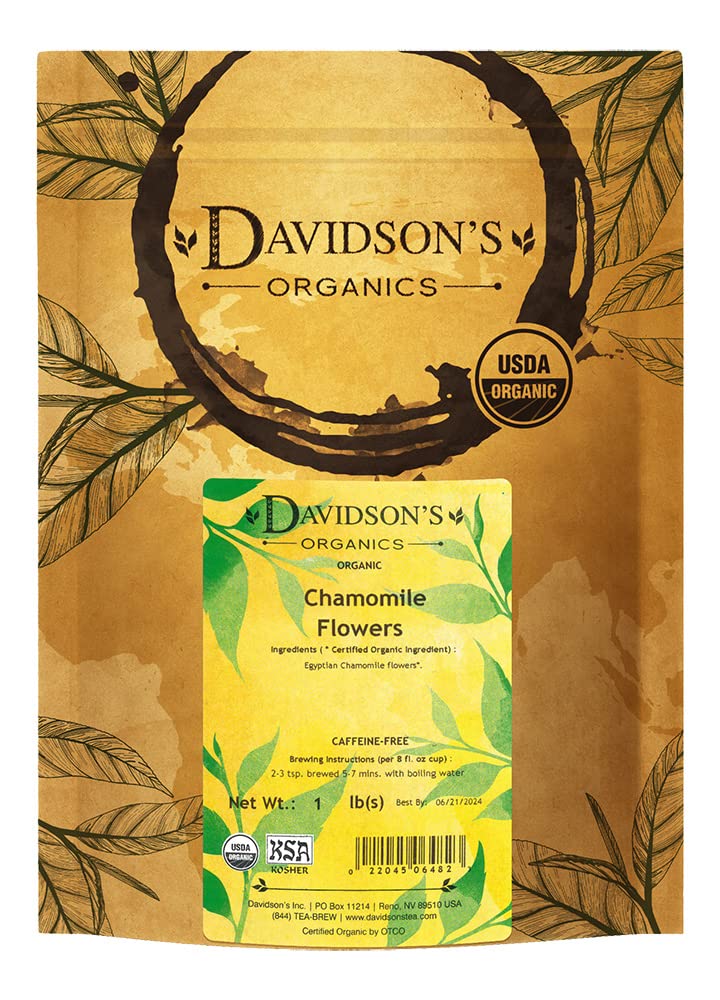 Davidson's Organics Chamomile Flowers loose-leaf 16oz bag with buttery-sweet aroma.