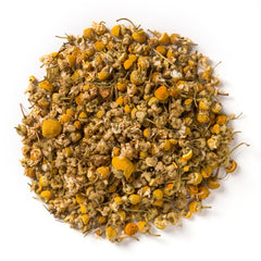 Farm-to-cup journey image showing Davidson's Organics Chamomile fields and processing.