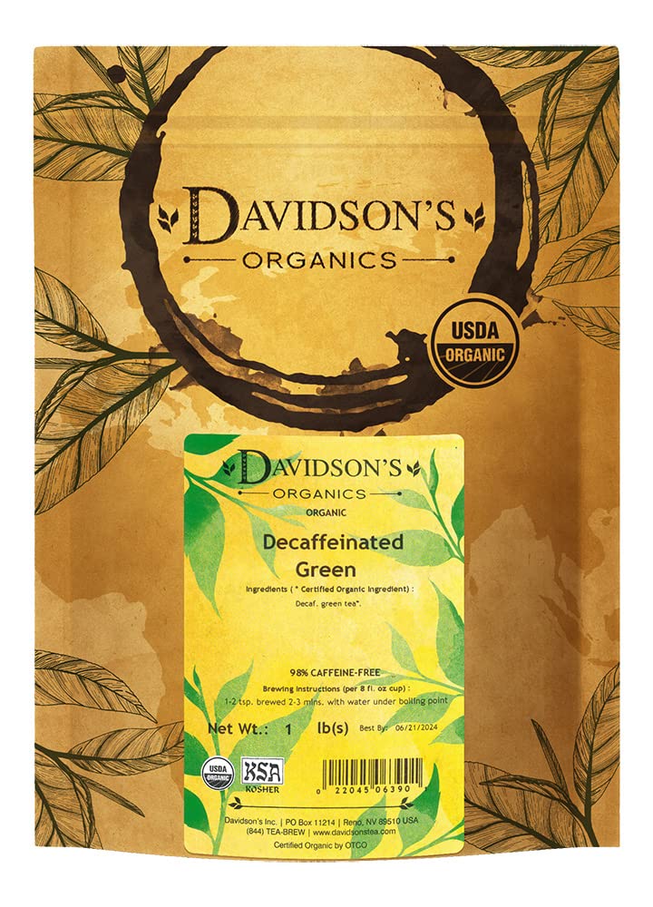 Davidson's decaf green loose leaf tea for caffeine-free afternoons.
