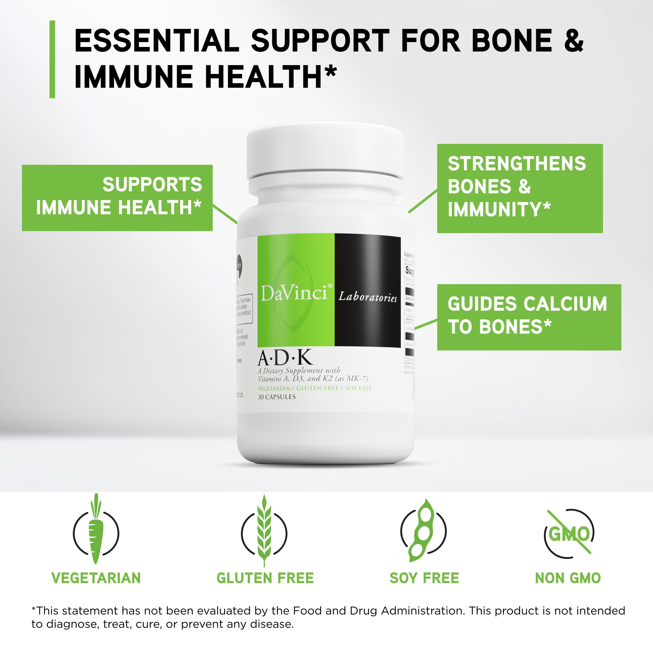 Davinci ADK label displays vitamins A, D3 and K2 with bone focus.