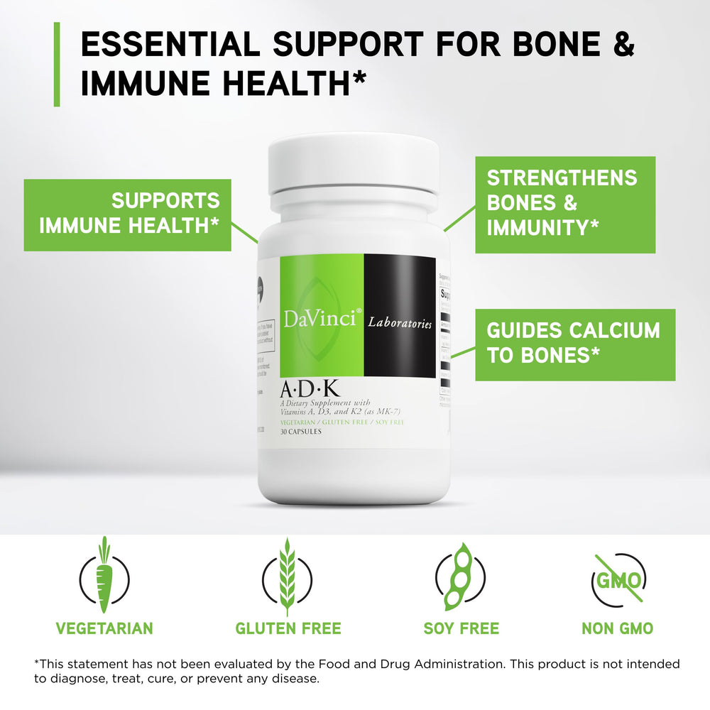 Davinci ADK label displays vitamins A, D3 and K2 with bone focus.