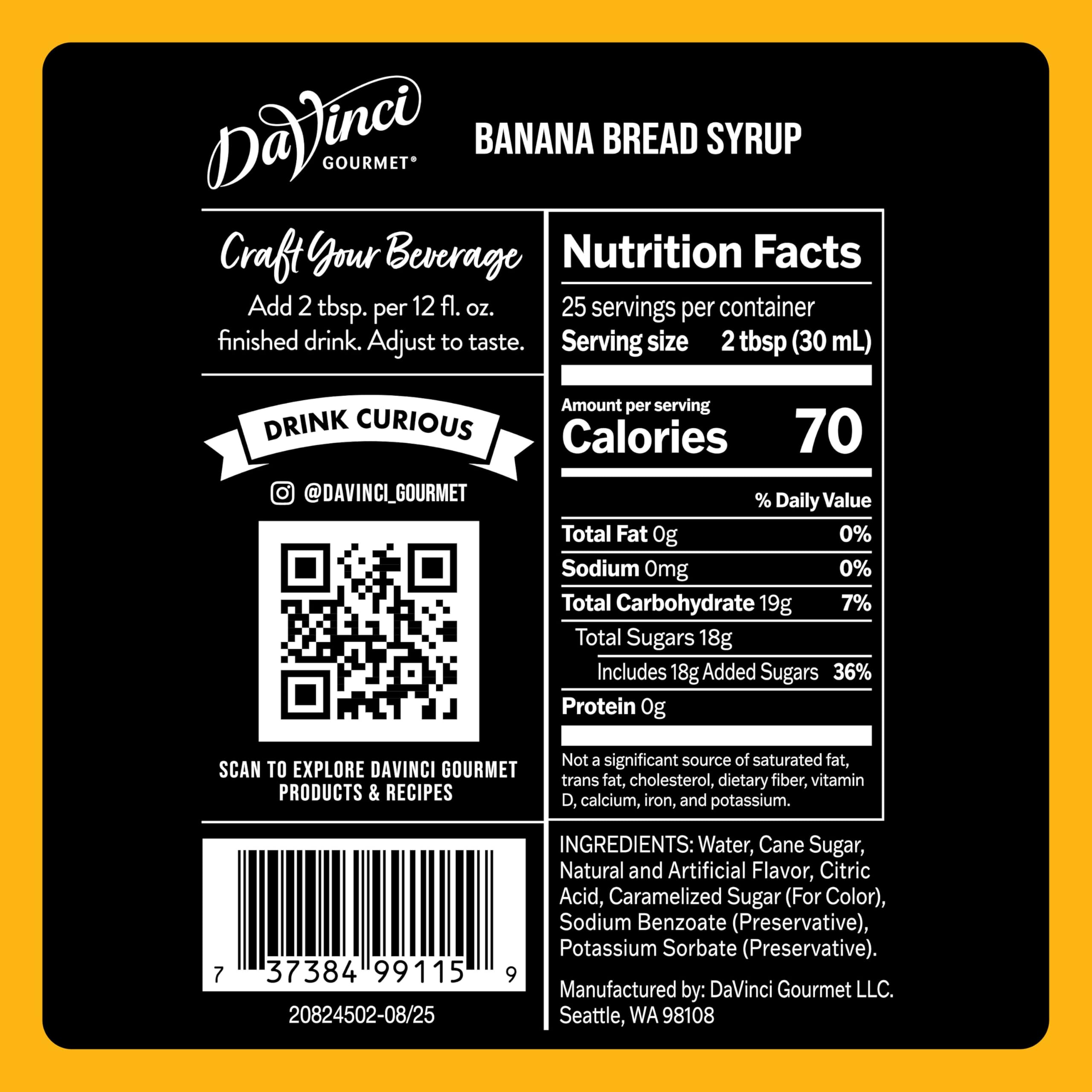 DaVinci Gourmet Banana Bread Syrup pour for rich latte flavor