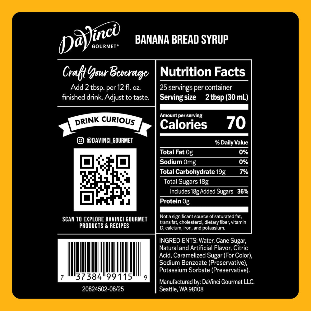 DaVinci Gourmet Banana Bread Syrup pour for rich latte flavor