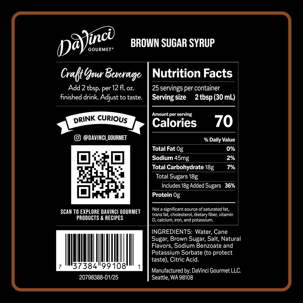 DaVinci Gourmet Brown Sugar Syrup label highlighting natural flavors for clean taste.