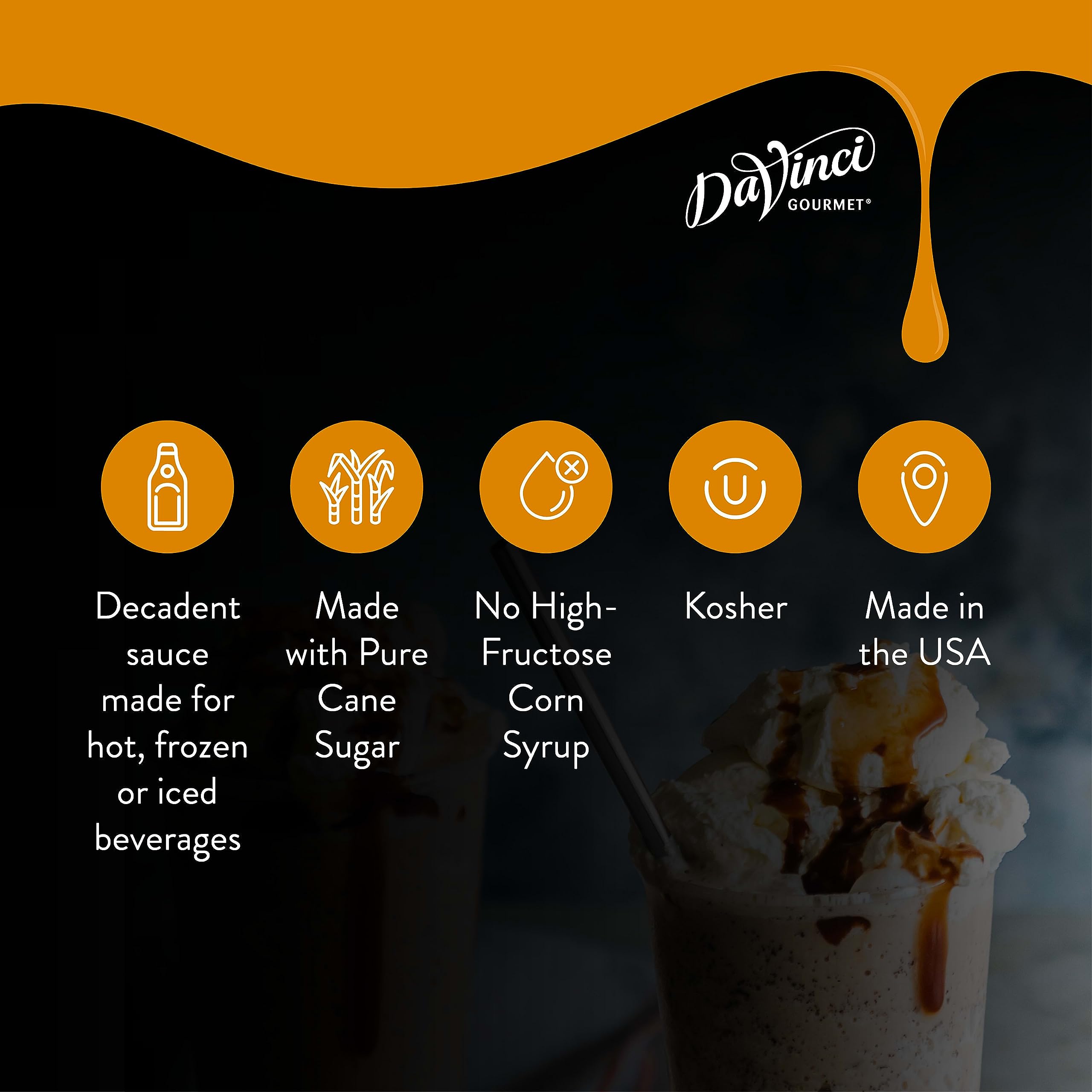 DaVinci Gourmet Classic Caramel Sauce enhances milkshakes with rich caramel flavor.