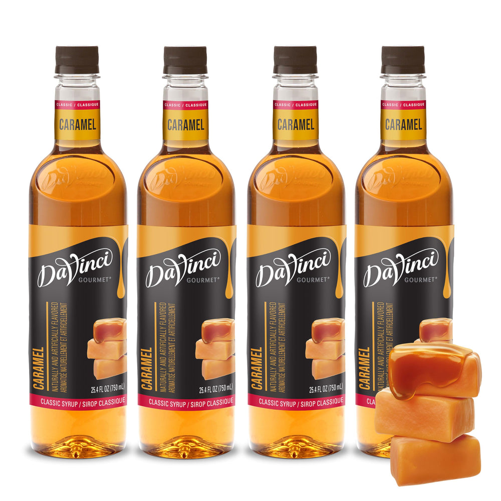 DaVinci Gourmet Classic Caramel Syrup bottle front boosts premium coffee flavor.