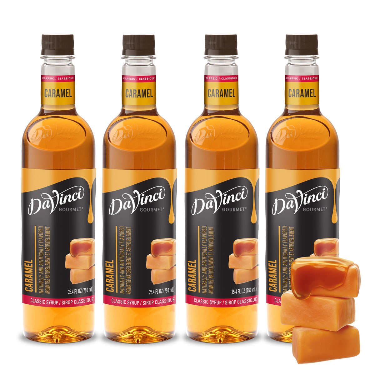 DaVinci Gourmet Classic Caramel Syrup bottle front boosts premium coffee flavor.
