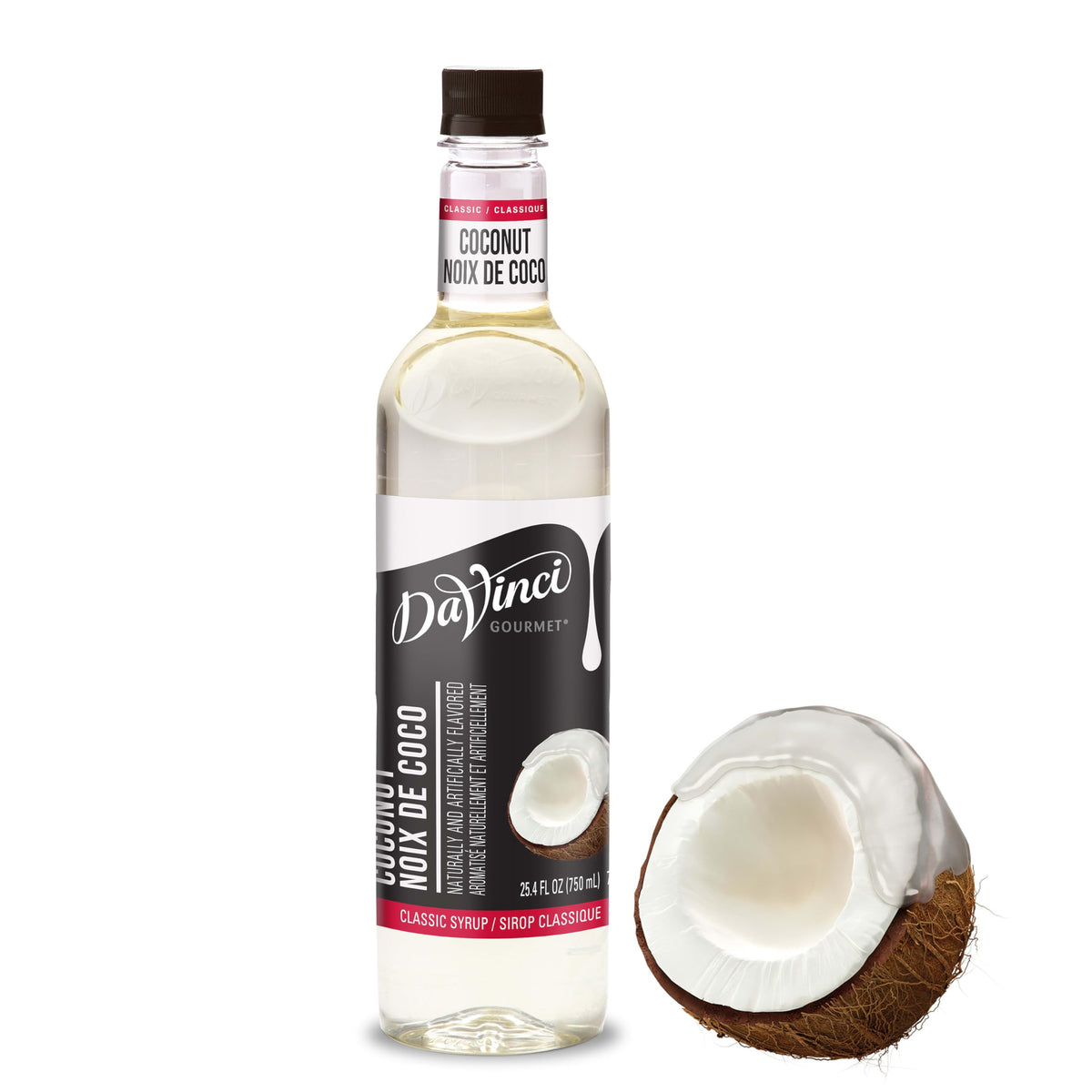 DaVinci Gourmet Classic Coconut Syrup bottle shows tropical aroma for versatile use.