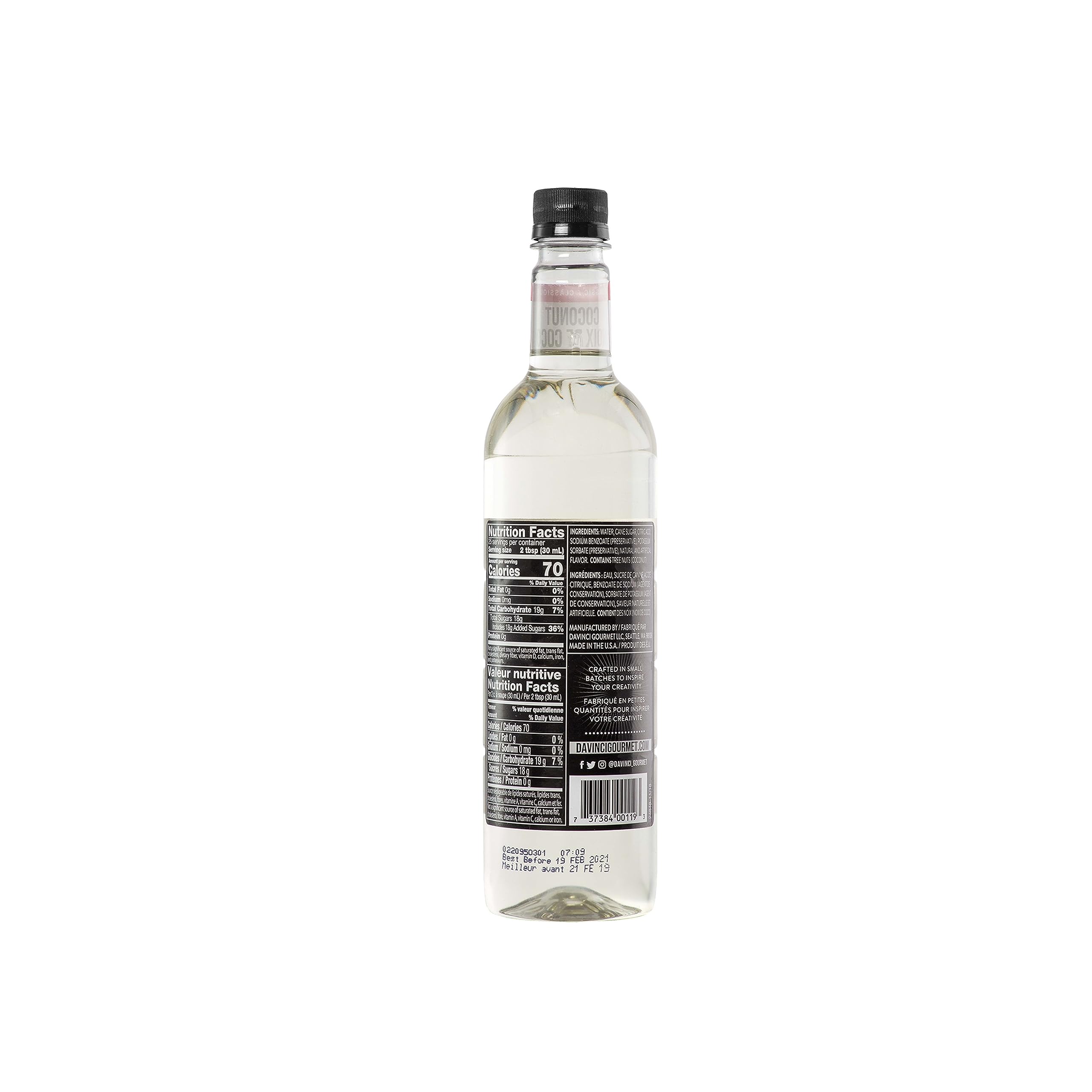 DaVinci Gourmet Classic Coconut Syrup pour highlights coconut sweetness in hot or cold drinks.