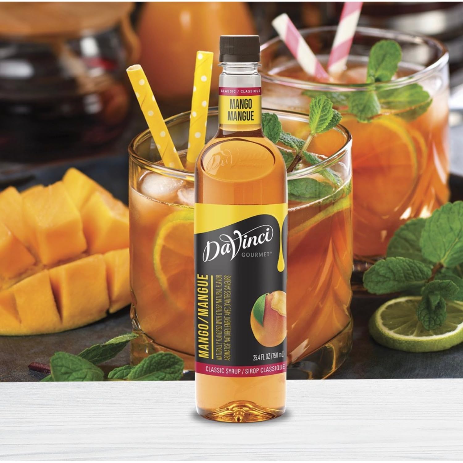 DaVinci Gourmet Mango Syrup coffee infusion for morning beverages.