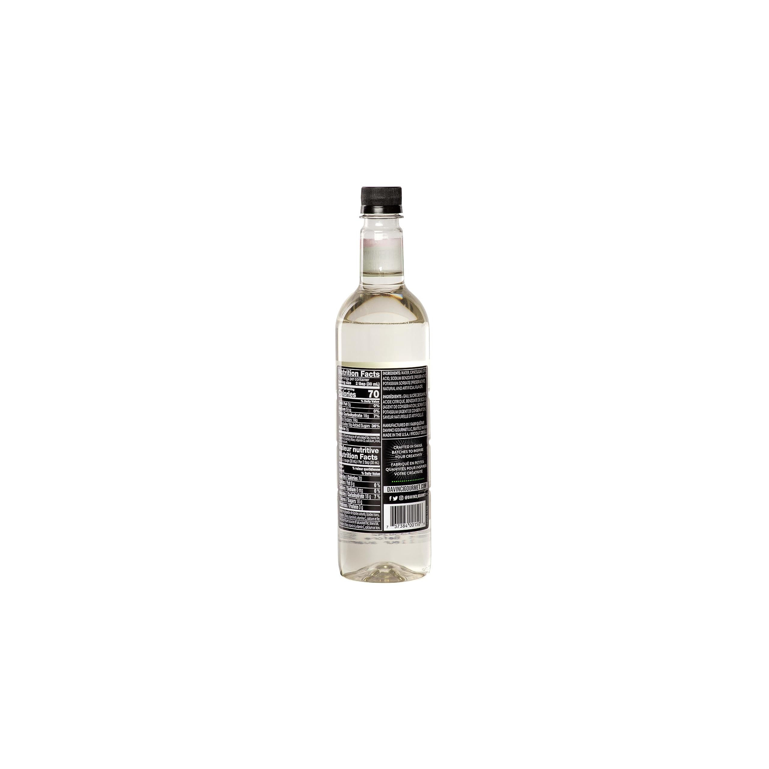 DaVinci Gourmet Classic Peppermint Syrup bottle label highlights ingredients and Kosher-Pareve certification.