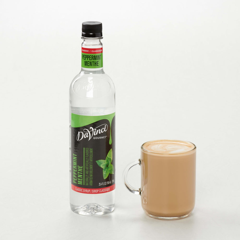 DaVinci Gourmet Classic Peppermint Syrup milkshake-addition image suggests minty indulgence.