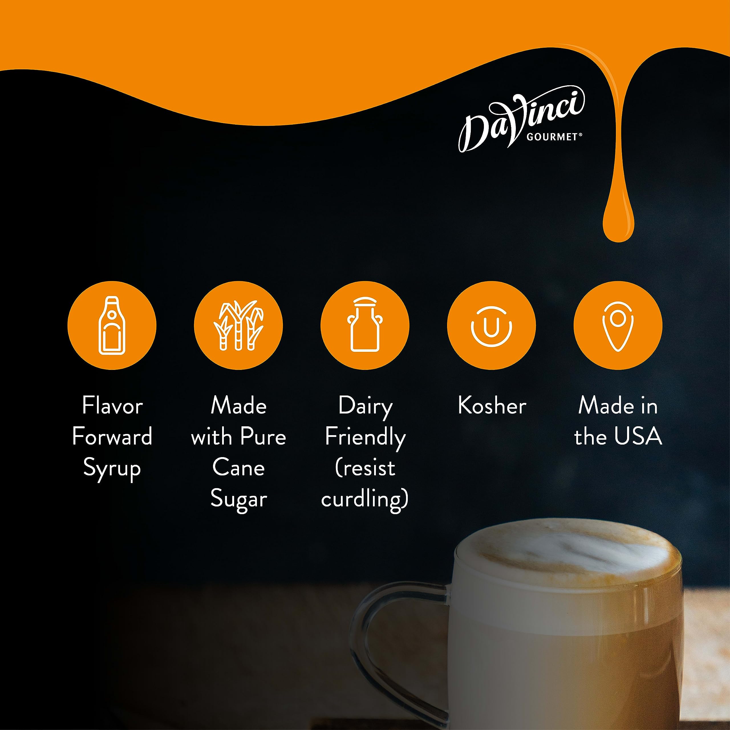 DaVinci Gourmet Classic Peppermint Syrup pour-into-coffee scene demonstrates quick, smooth blending.