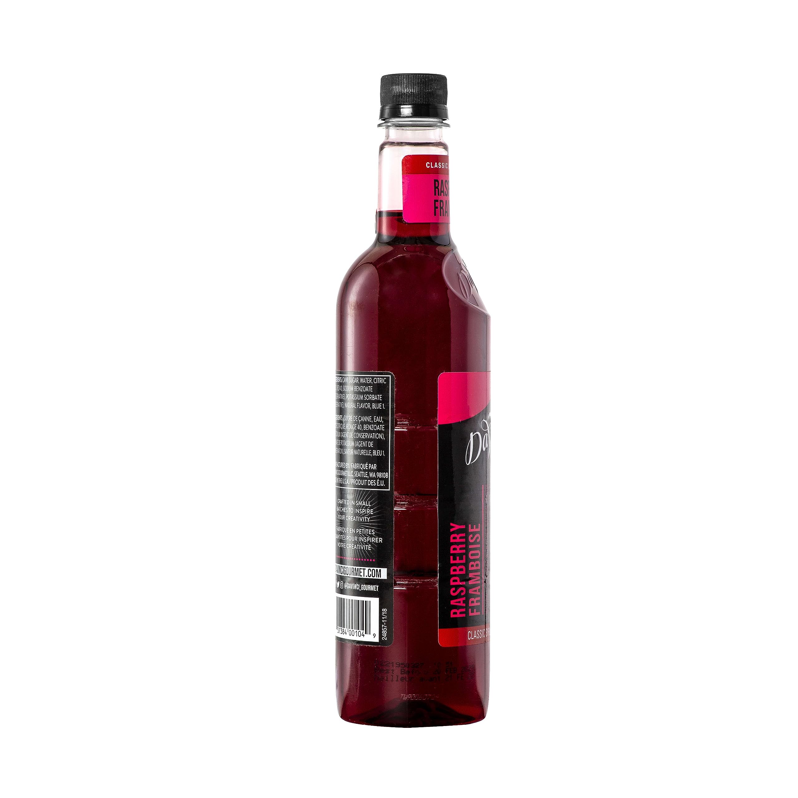 DaVinci Gourmet Classic Raspberry Syrup packaging on shelf highlighting premium quality.