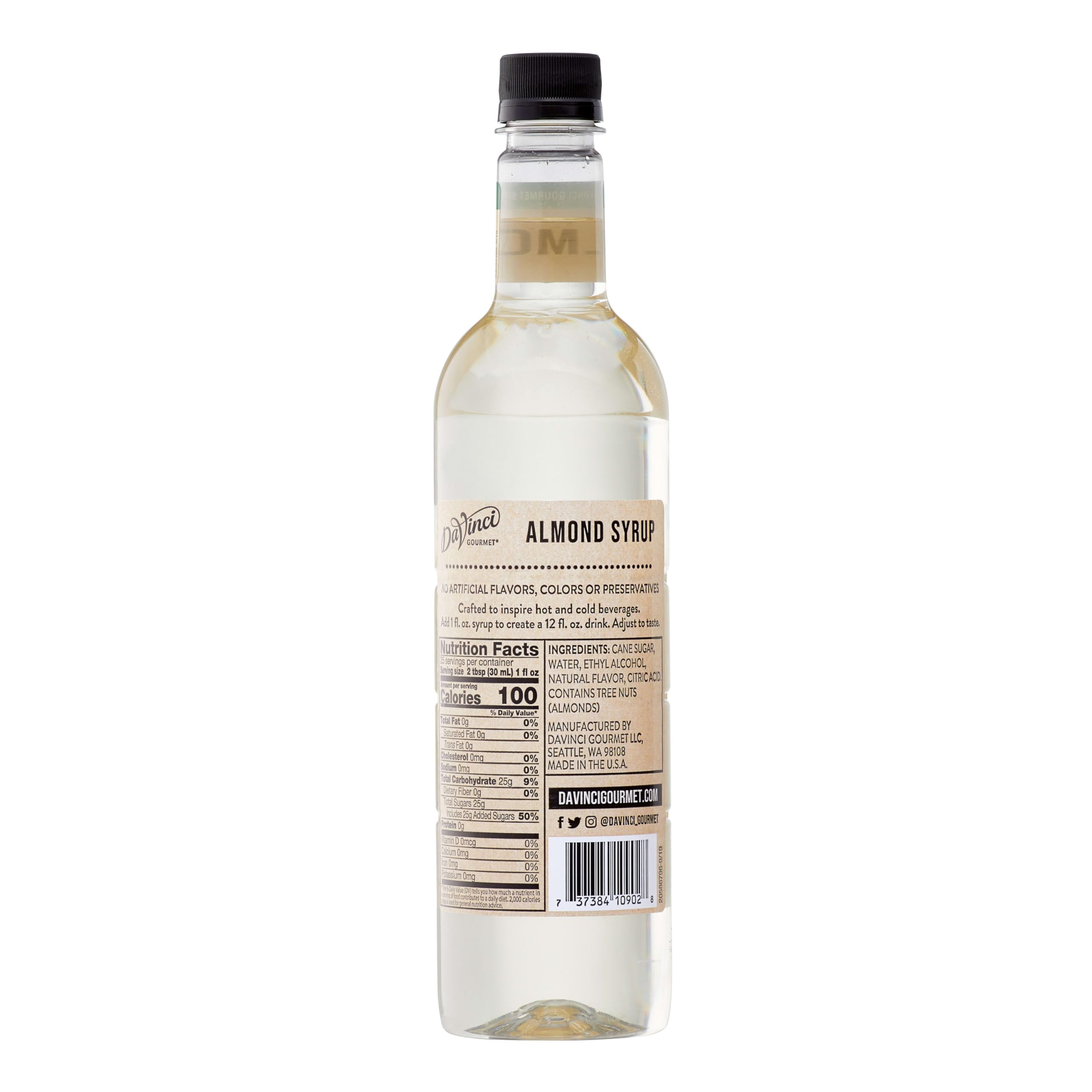 DaVinci Gourmet Naturals Almond Syrup bottle close-up showing natural ingredients