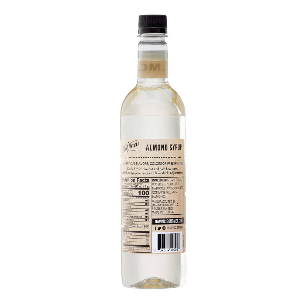 DaVinci Gourmet Naturals Almond Syrup bottle close-up showing natural ingredients