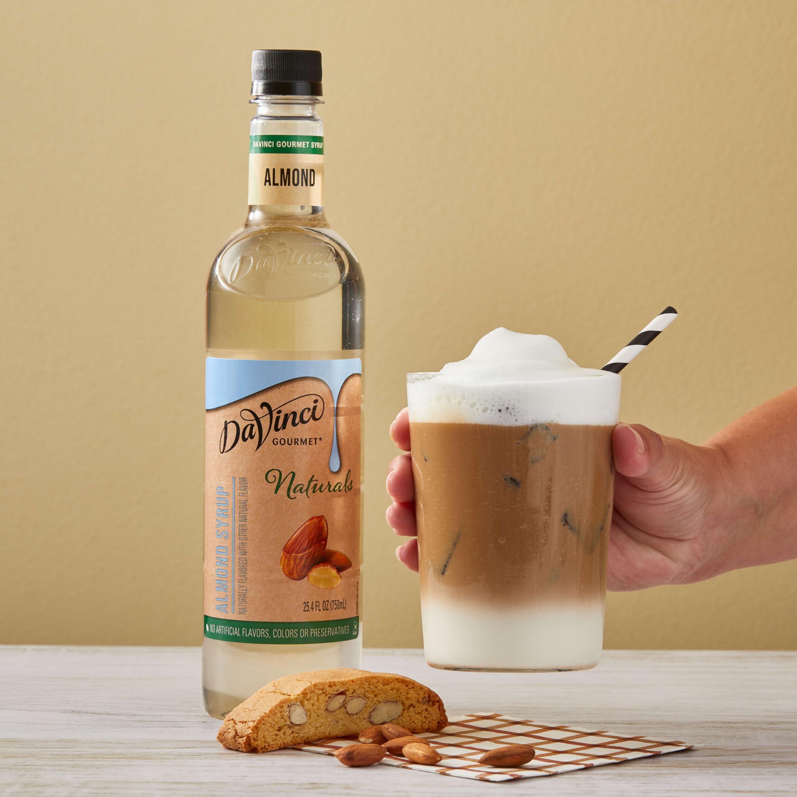 DaVinci Gourmet Naturals Almond Syrup bottle shows no artificial colors or flavors