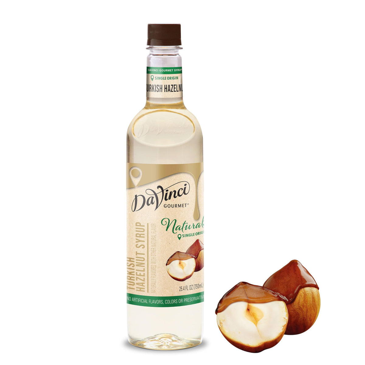 DaVinci Gourmet Naturals Turkish Hazelnut Syrup bottle on a cafe counter for premium flavor