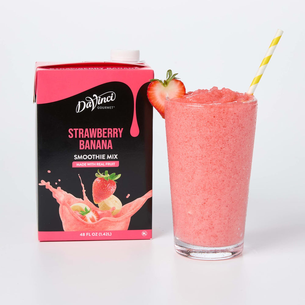 DaVinci Gourmet smoothie mix bottle on shelf showing real fruit flavor