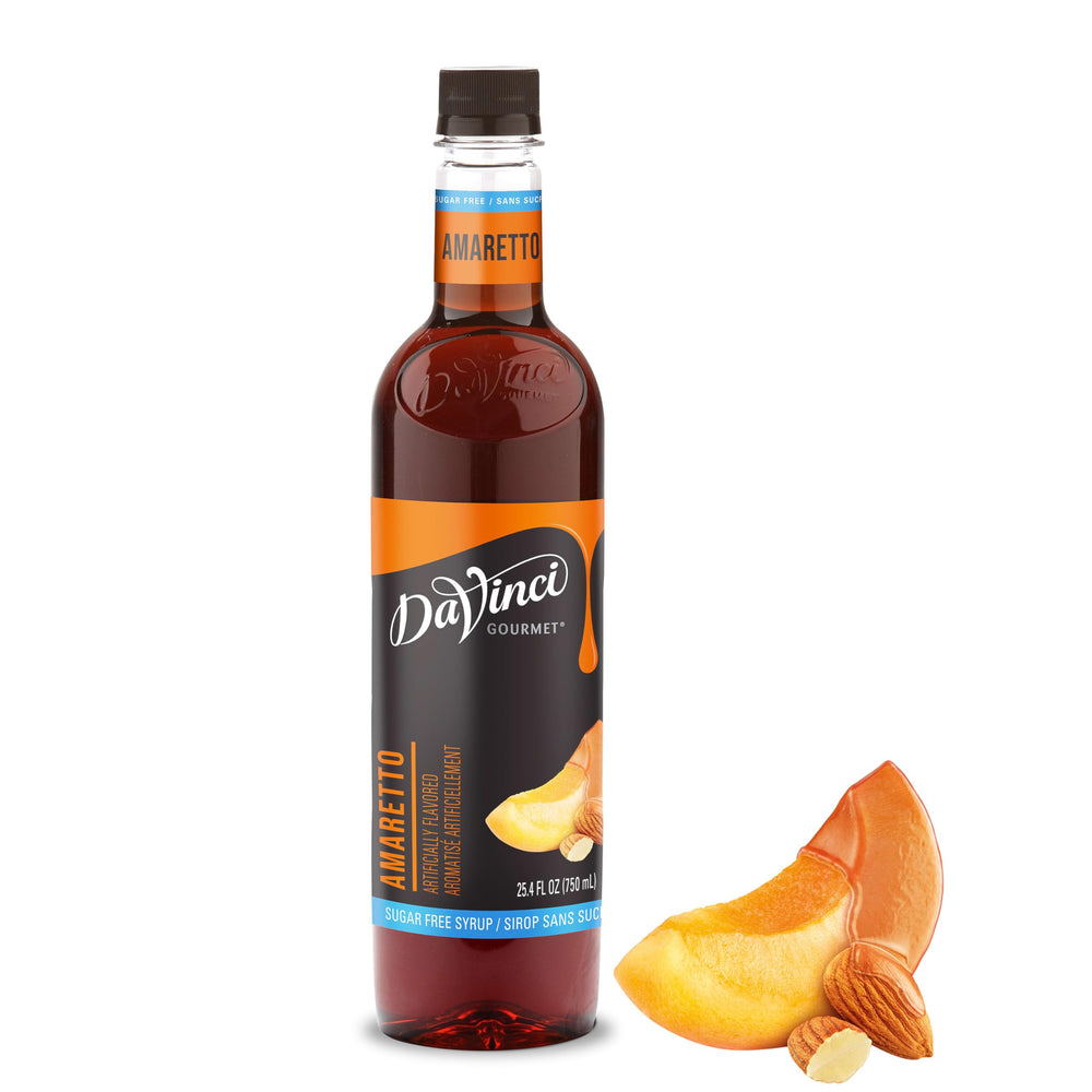 DaVinci Gourmet Sugar-Free Amaretto Syrup bottle pouring for bold amaretto flavor.