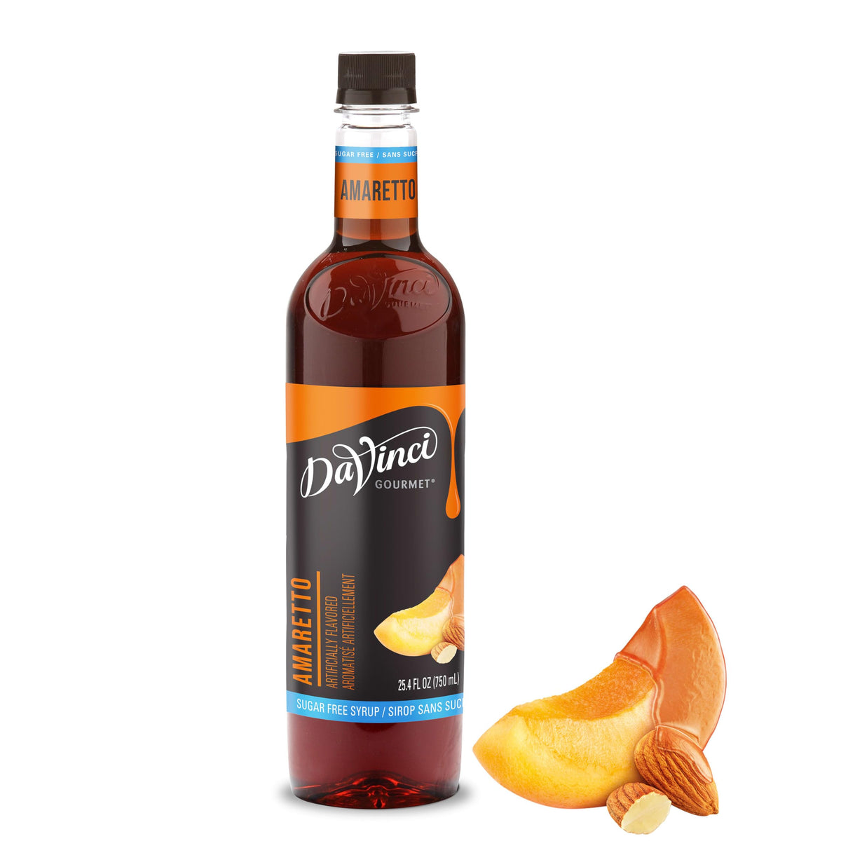 DaVinci Gourmet Sugar-Free Amaretto Syrup bottle pouring for bold amaretto flavor.