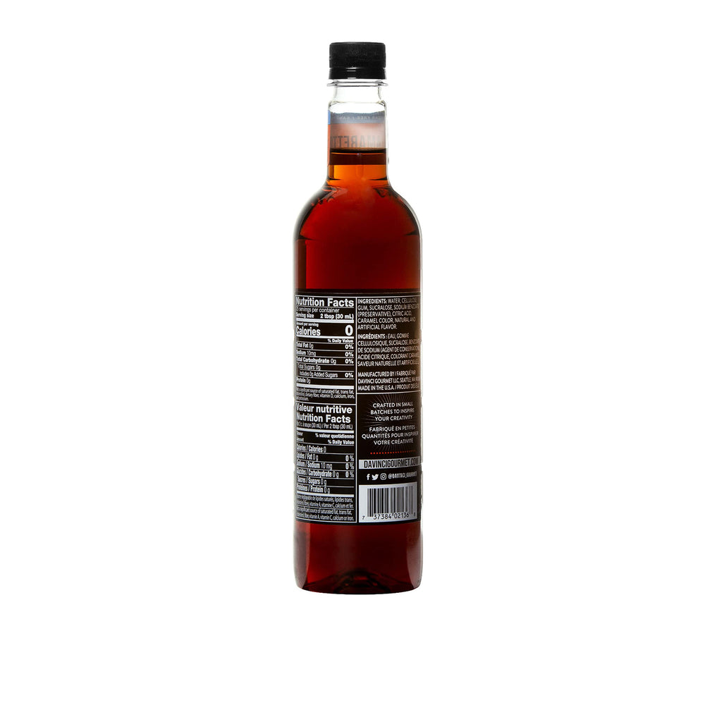 DaVinci Gourmet Sugar-Free Amaretto Syrup in coffee for rich aroma.