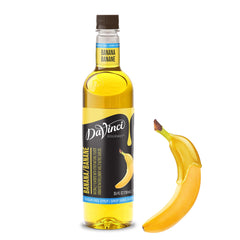 DaVinci Gourmet Sugar-Free Banana Syrup bottle shown for flavor without calories in coffee.
