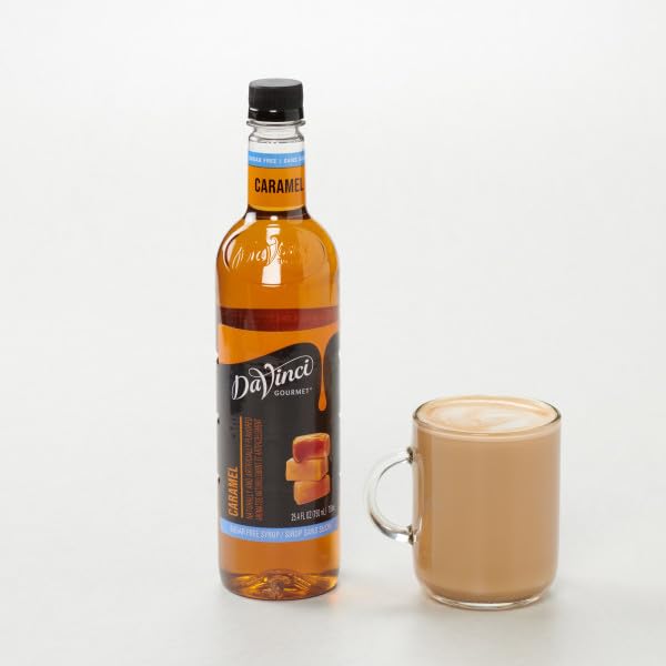 DaVinci Gourmet Sugar-Free Caramel Syrup with dairy shown is suitable for coffee with milk
