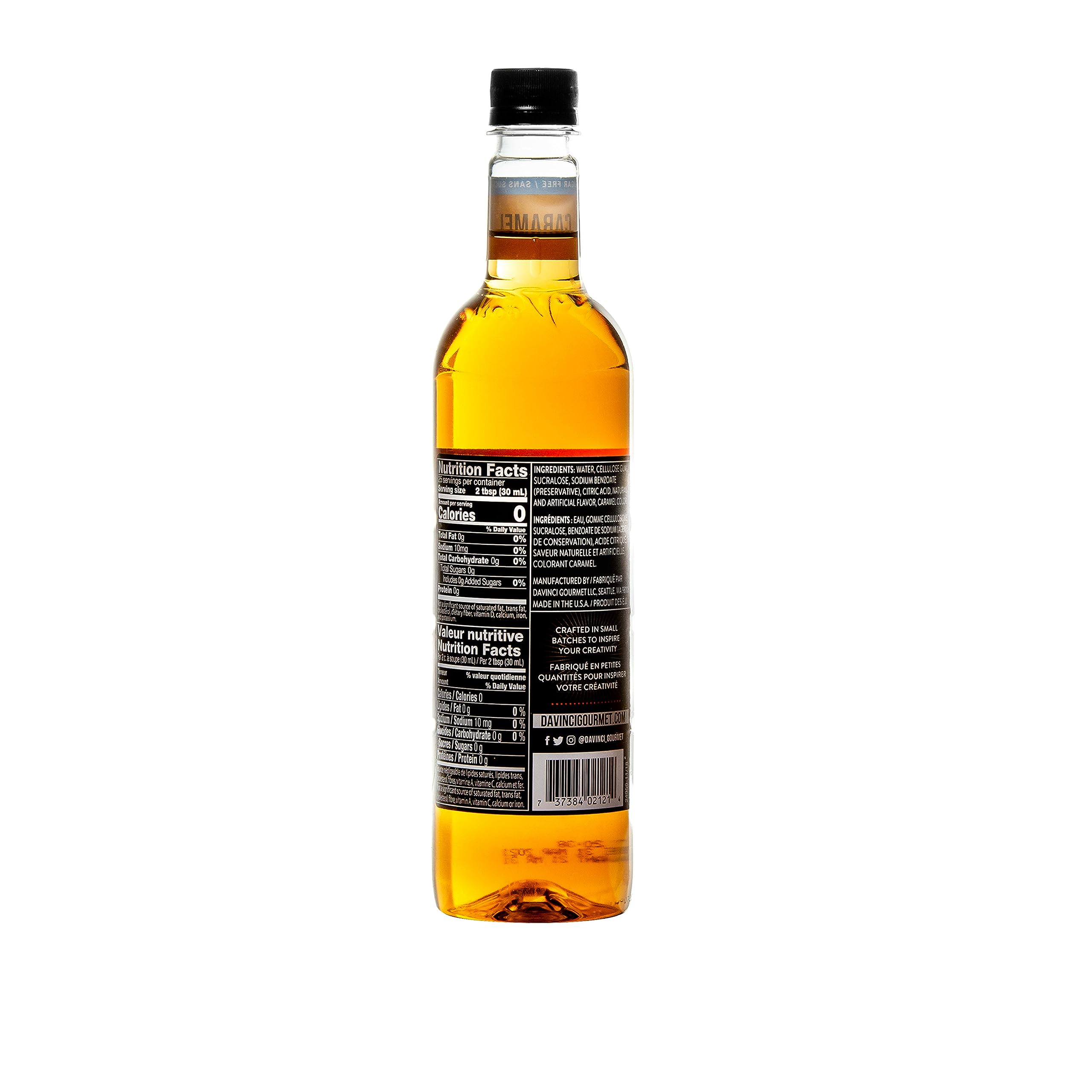Pouring DaVinci Gourmet sugar-free caramel syrup into coffee for a rich caramel note