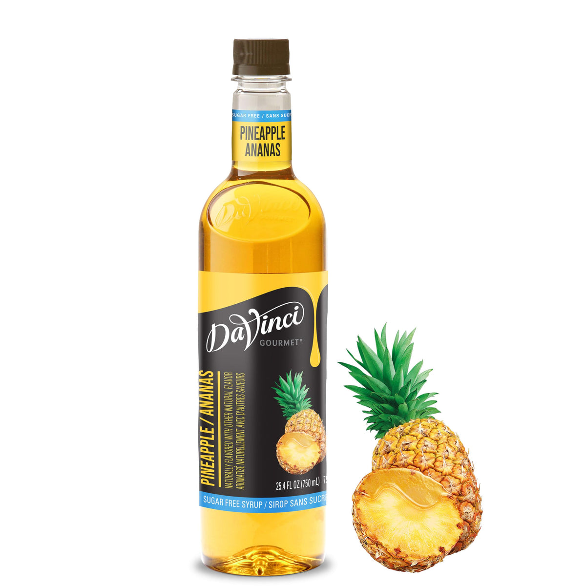 DaVinci Gourmet Sugar-Free Pineapple Syrup bottle showing calories-free tropical flavor for spirits and beverages