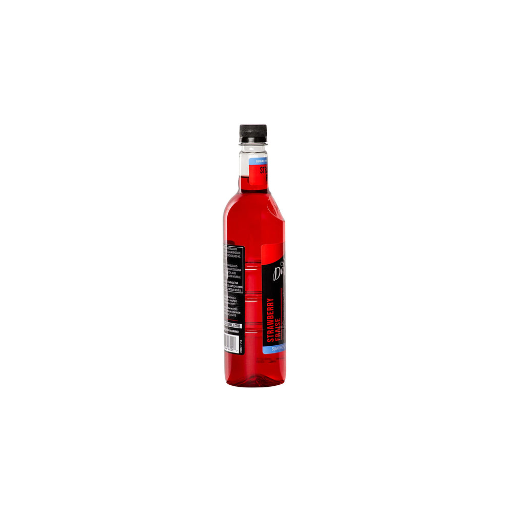 DaVinci Gourmet Sugar-Free Strawberry Syrup bottle beside glass and recipe ideas