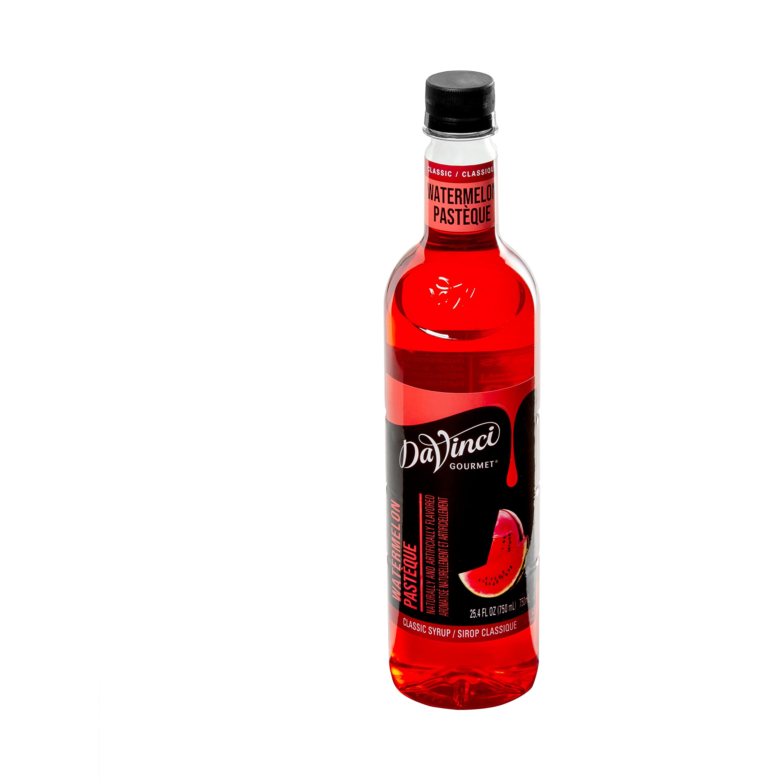 DaVinci Gourmet Watermelon Syrup bottle shown in a modern kitchen setting.