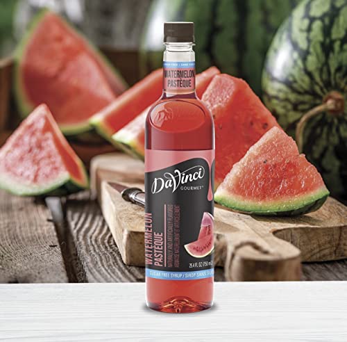 Close-up of DaVinci Gourmet Watermelon Syrup label emphasizing premium ingredients.