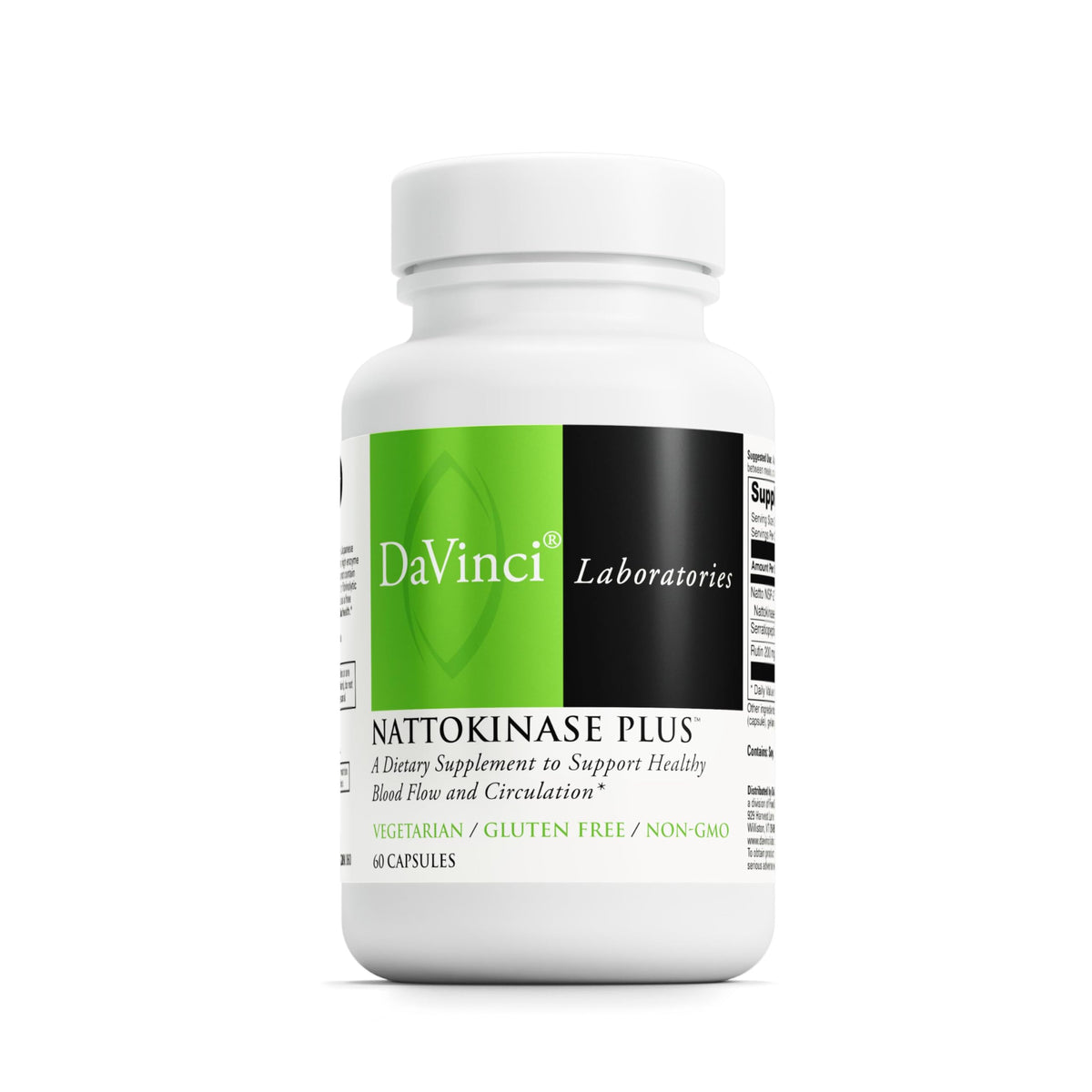 Davinci Nattokinase Plus bottle front showing gluten free vegetarian capsules