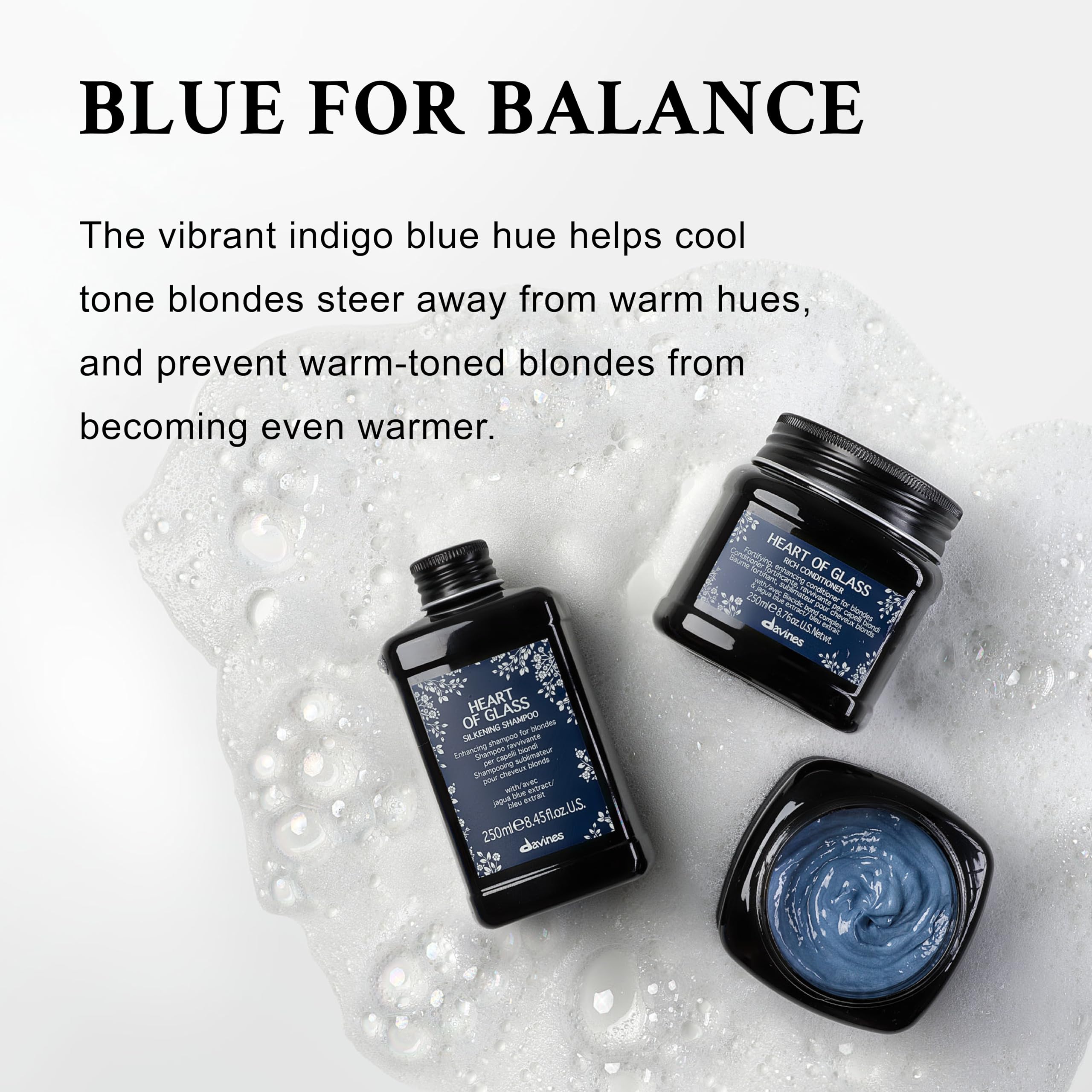 Davines Heart of Glass jagua extract highlights tone balancing ingredients.