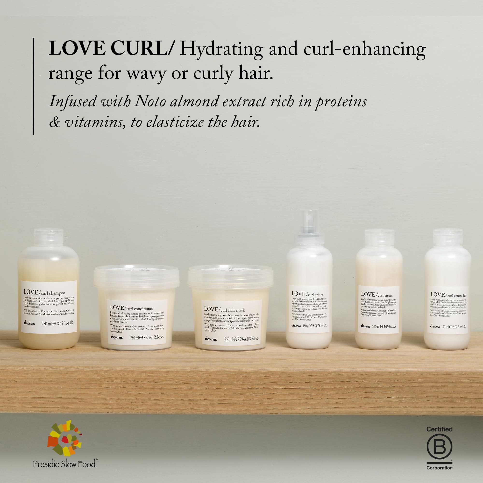 Davines Love Curl Shampoo almond extract ingredient highlighted for hydrating curls.