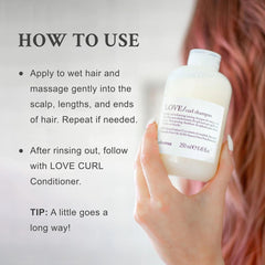 Davines Love Curl Shampoo bottle back showing ingredients and usage guidance.