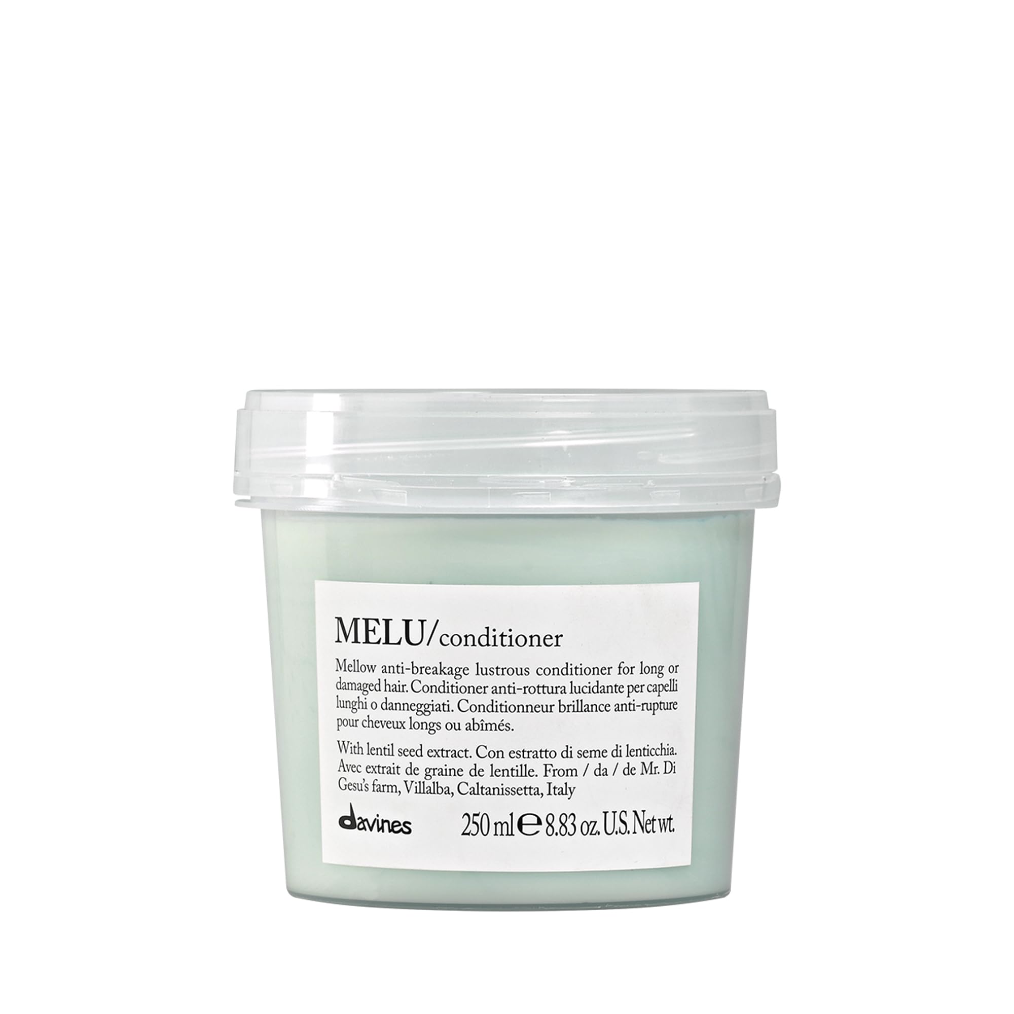 Davines MELU Conditioner bottle close-up highlights a lightweight, nourishing formula for long hair.