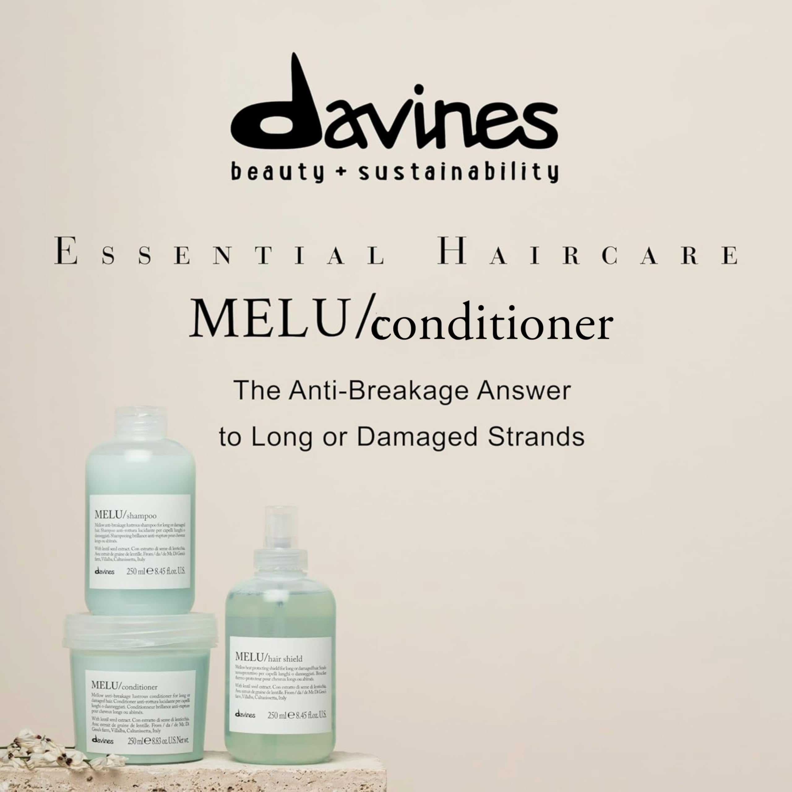 Davines MELU conditioner bottle with pump shows easy, mess-free application and targeted nourishment.