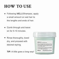 Close-up of wet, silky hair treated with MELU for softer ends.