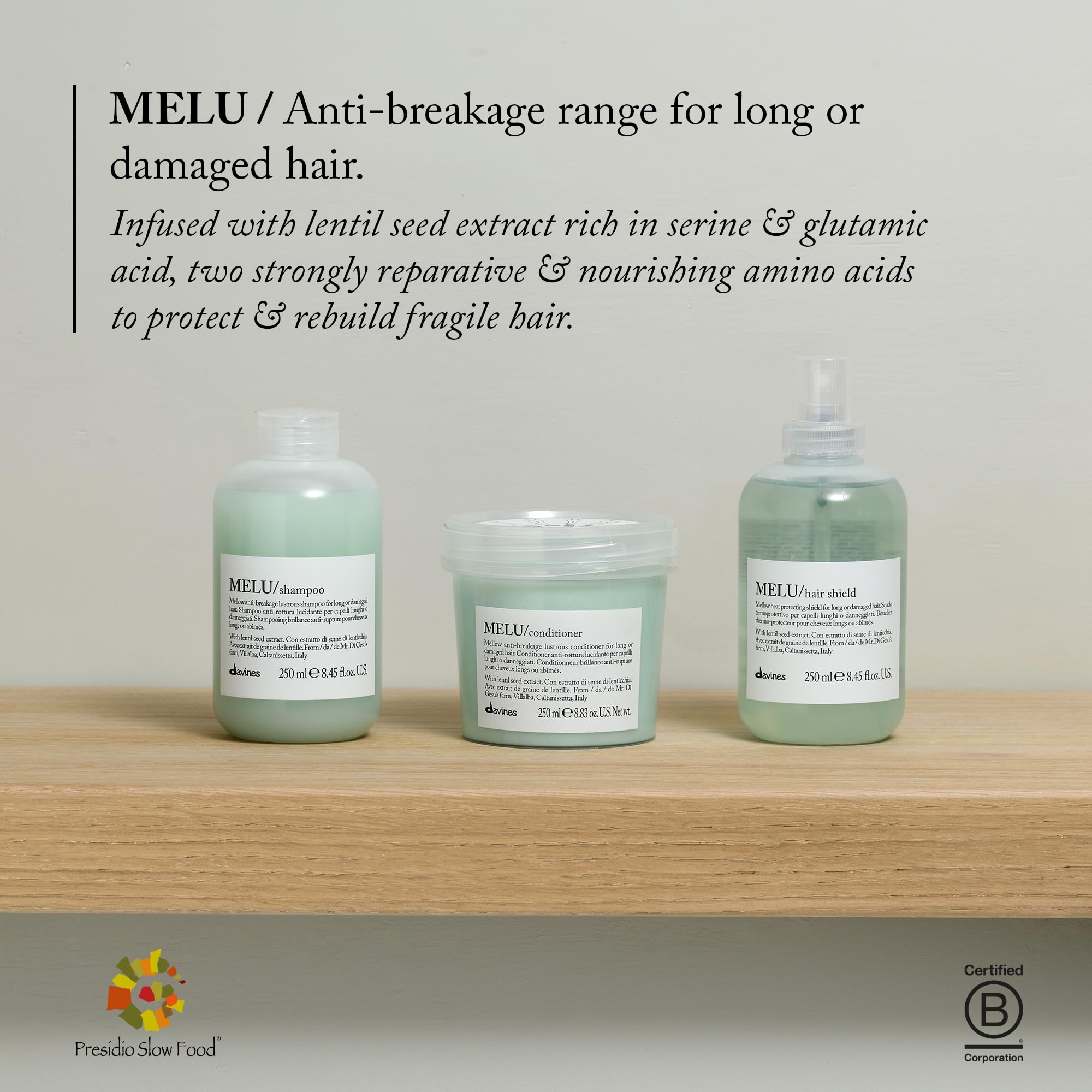 Product shot features MELU packaging and a spoonful of lentil seeds indicating nourishment.