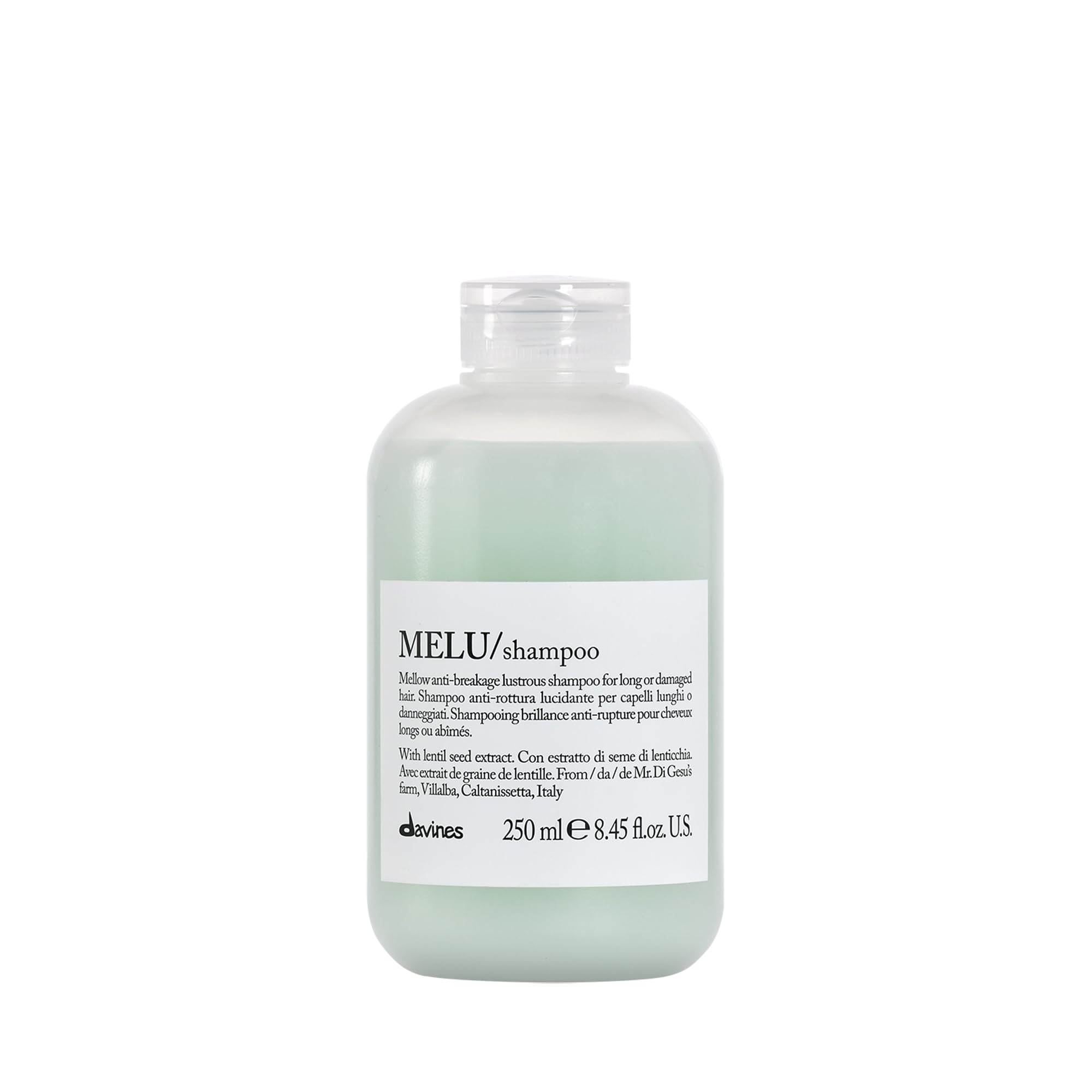 Davines MELU shampoo bottle view showing premium cleansing and packaging appeal