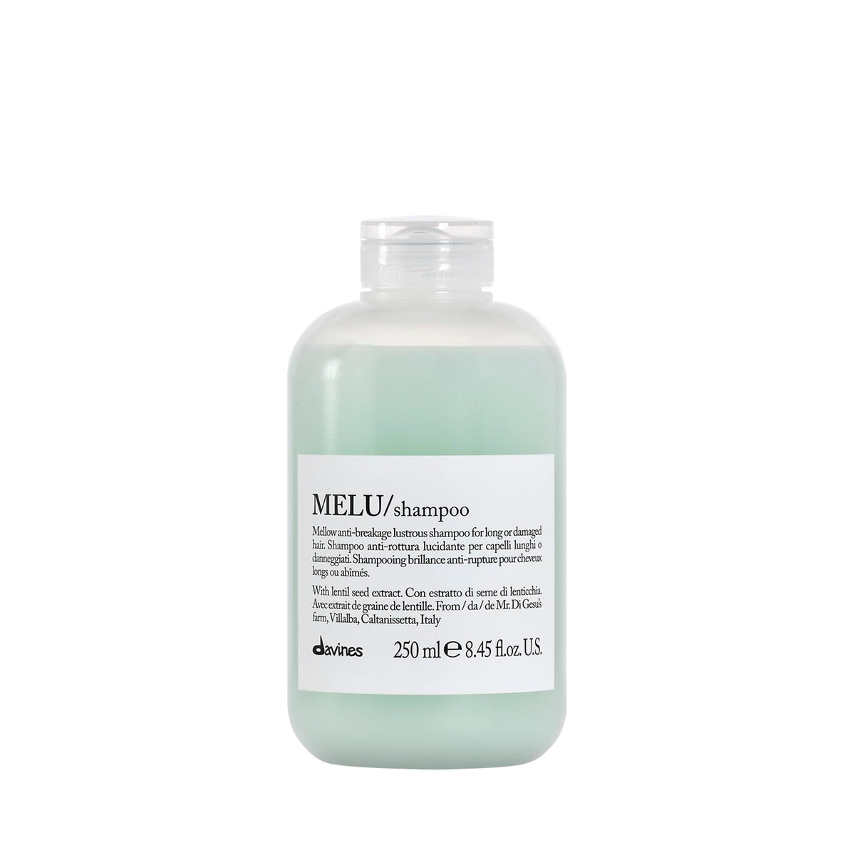 Davines MELU shampoo bottle view showing premium cleansing and packaging appeal