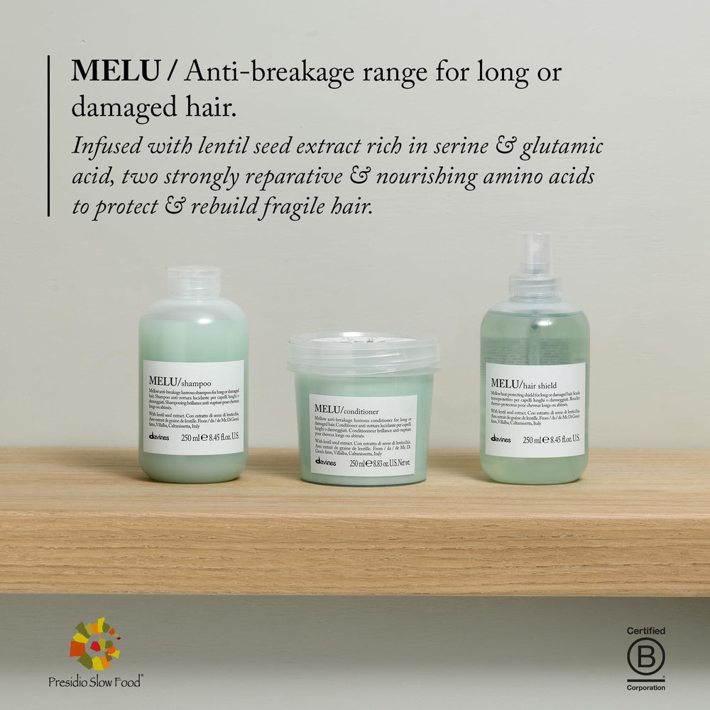 Davines MELU shampoo after-use hair appears silky and glossy
