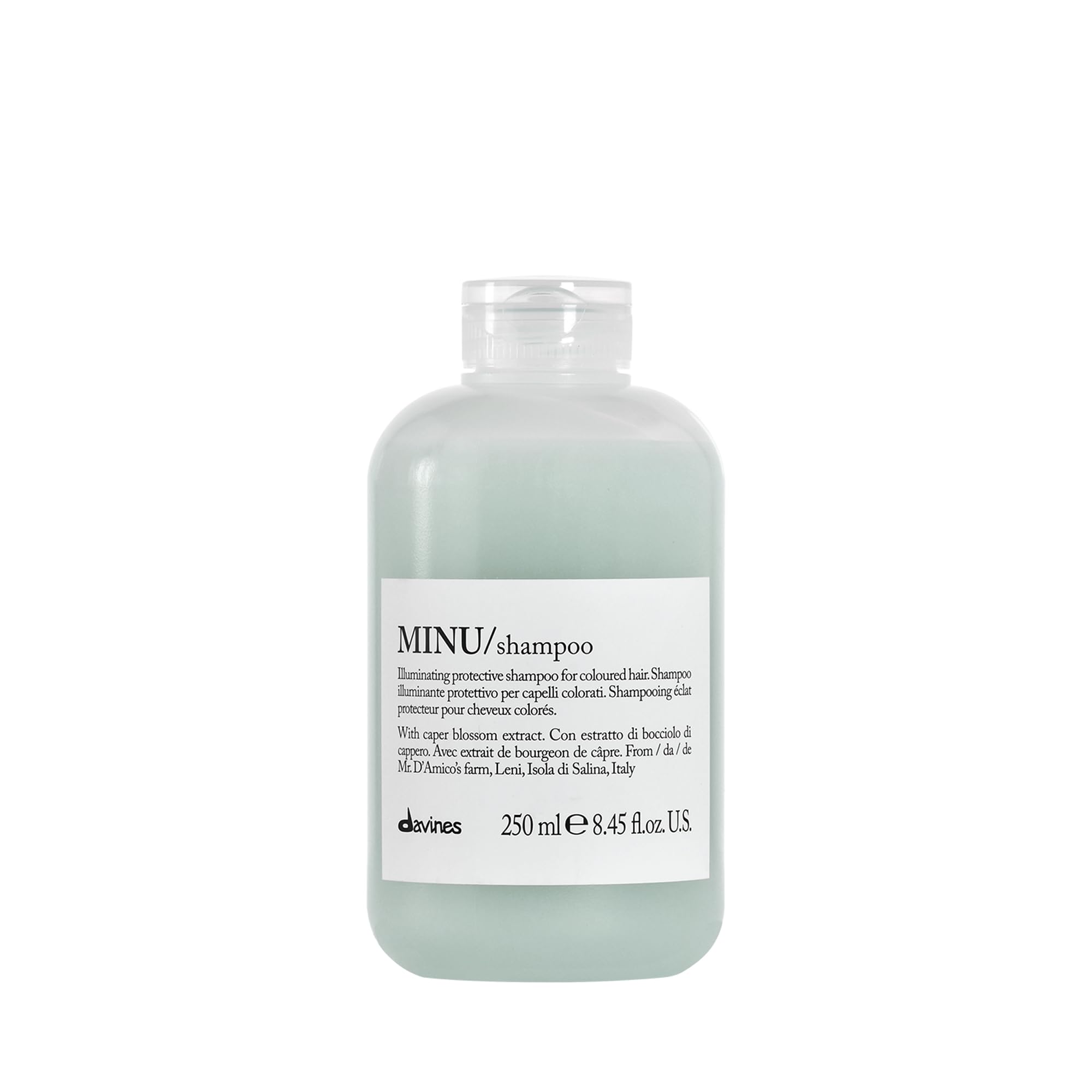 Davines MINU shampoo bottle closeup highlights color protection for treated hair.