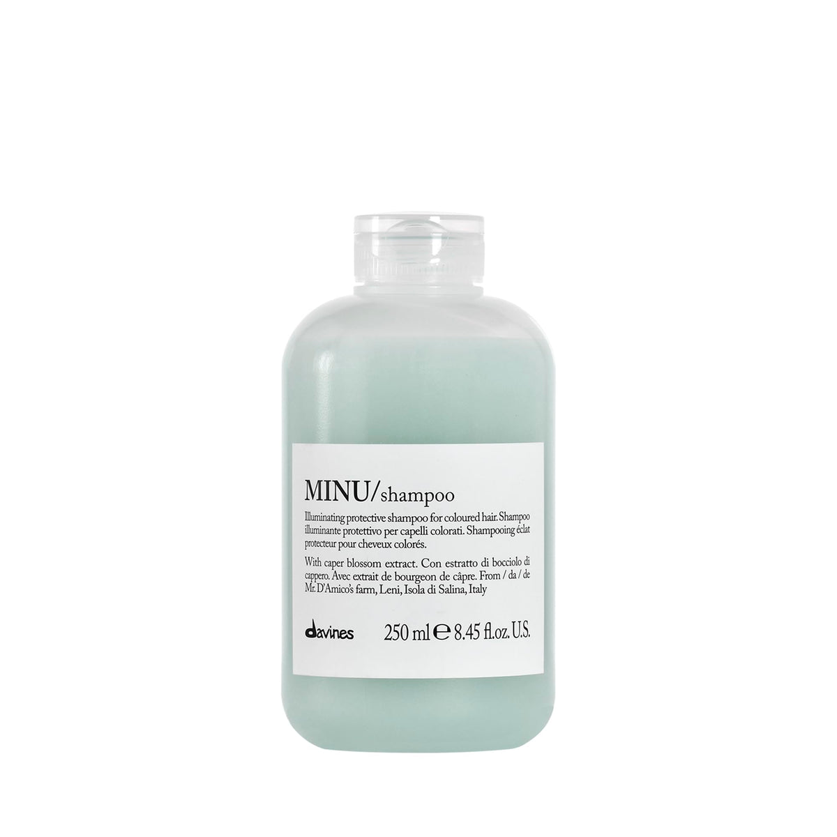Davines MINU shampoo bottle closeup highlights color protection for treated hair.