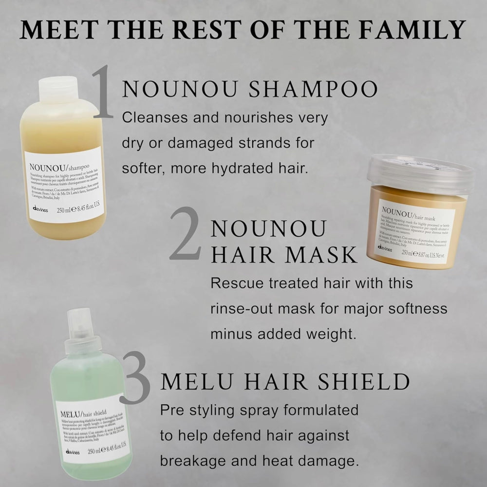 Davines NOUNOU Shampoo hair-hydration image emphasizes moisture restoration for dry strands